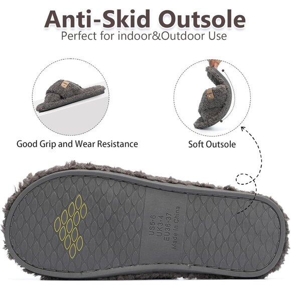 ⚡Women’s Grey Faux Fur Cozy Fuzzy Cross Band Slippers Indoor House Shoes - Picture 5 of 6